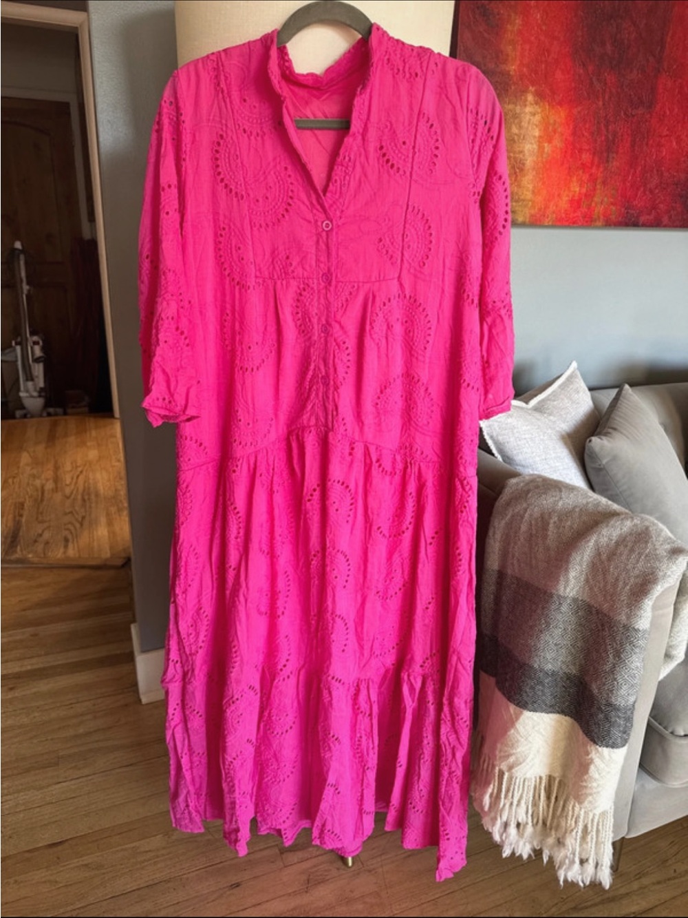 Eyelet Tiered Maxi Dress in Vibrant Fuchsia
